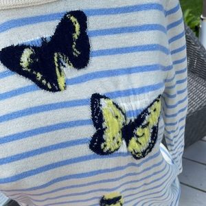 J Crew blue and white striped butterfly detail crewneck sweater